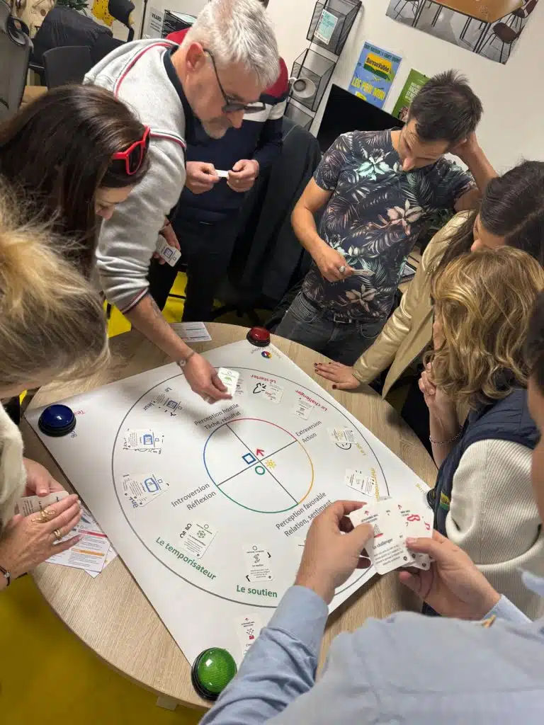 Participants en atelier de team coaching 4 Colors animé par Noitulos/solutioN, autour d’un outil comportemental.